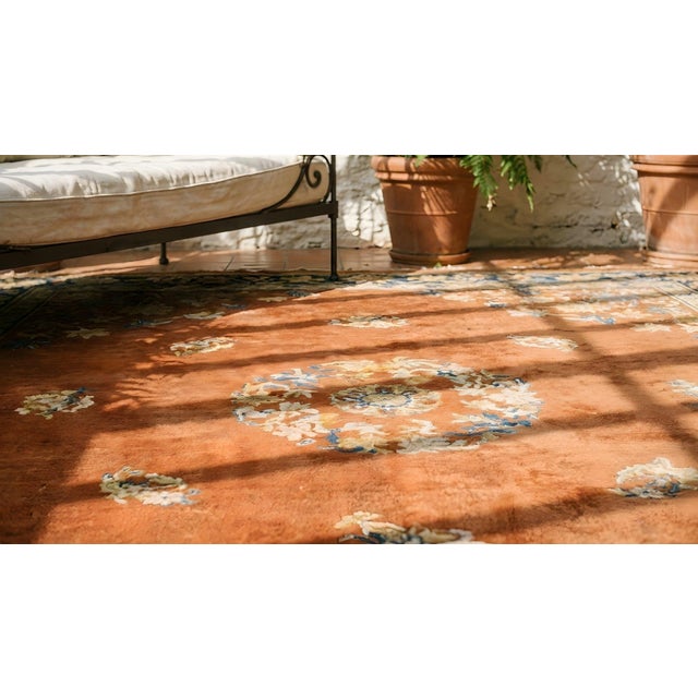 Striking Multi Color Daisies in a Floral Design With Orange-Terra-Cotta Ground Color Antique Chinese Art Deco Rug For Sale - Image 14 of 15