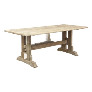 Vintage Rustic European Stripped Oak Trestle Dining Table For Sale