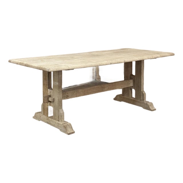 Vintage Rustic European Stripped Oak Trestle Dining Table For Sale