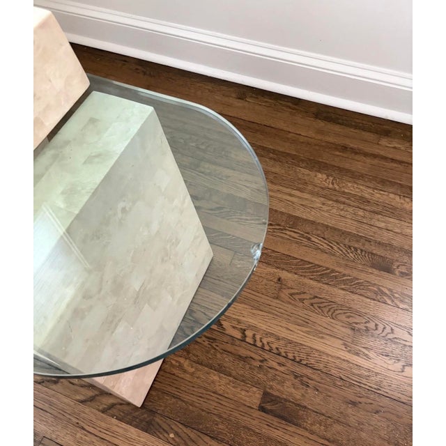 Postmodern 1980s Postmodern Tessellated Mactan Stone Side Table With Semi-Circular Glass Top For Sale - Image 3 of 4