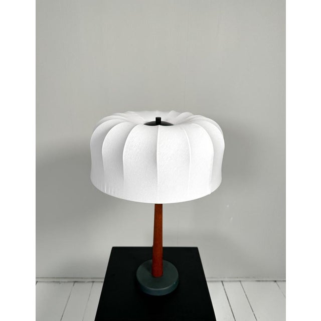 1950s Mid-Century Teak and Cotton Table Lamp attributed to Einar Bäckström, Sweden, 1950s For Sale - Image 5 of 14