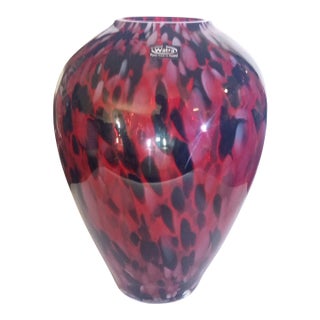 Watra Art Glass Vase Ruby Red & Black Speckled Mottled Bulb Shape Label For Sale