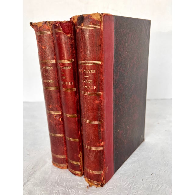 Early 20th Century Antique French Red Leather Bound Books - Set of 3 For Sale - Image 5 of 12