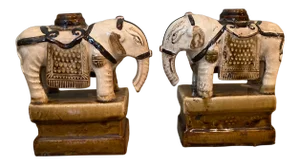 Vintage Mid 20th Century Glazed Ceramic Elephant Candle Holders - a Pair