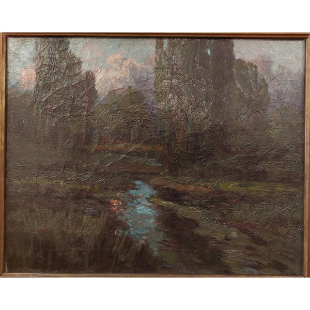 The oil painting on canvas is signed lower left and does have crackling. The original antique hand carved frame has a chip...