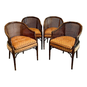 Mid 20th Century Faux Bamboo and Cane Barrel Chairs With Blockprint Style Upholstery - Set of 4