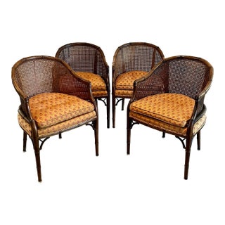 Mid 20th Century Faux Bamboo and Cane Barrel Chairs With Blockprint Upholstery - Set of 4 For Sale