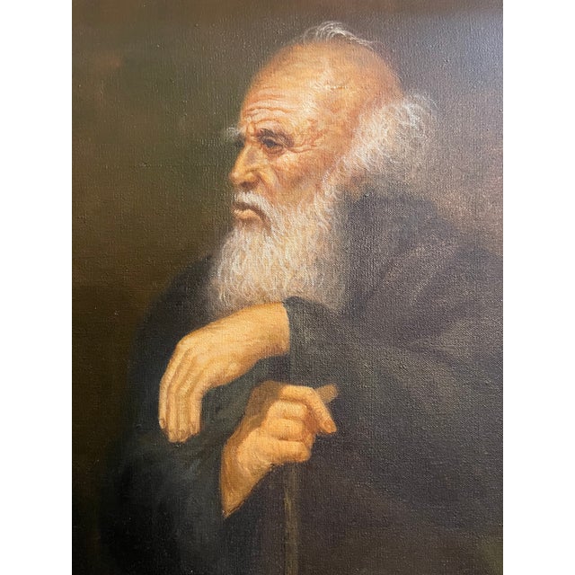 Signed oil on canvas painting featuring the portrait of an elderly bearded man with cane in hand. Possibly signed lower...