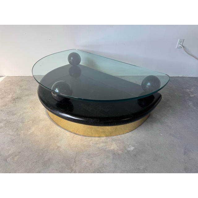 Art Deco 1980’s Postmodern Tessellated Stone and Brass Half-Moon Coffee Table With Glass Top/ Sold For Sale - Image 3 of 12