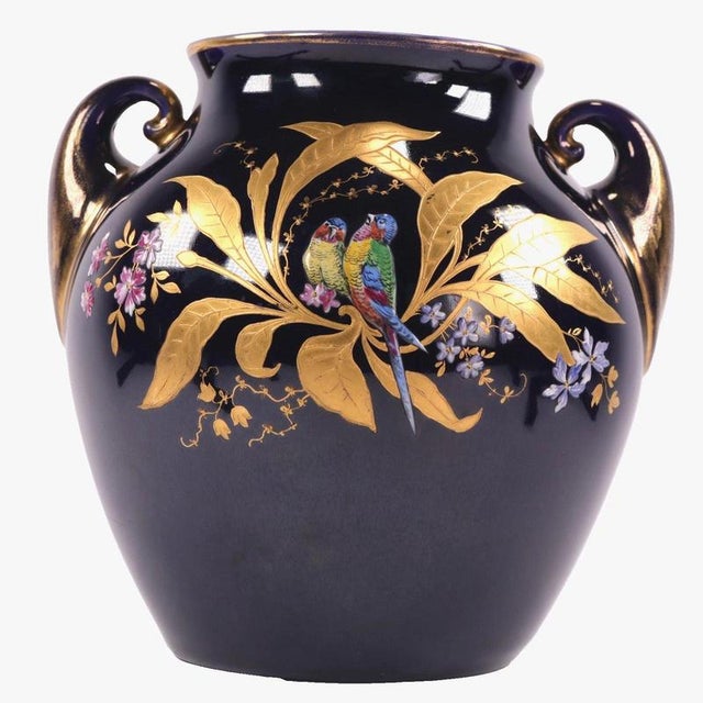 Antique Cobalt Blue Porcelain Twin-Handled Parrot Vase from Fraureuth, 1920s For Sale - Image 4 of 15