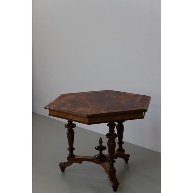 Antique Danish Hexagonal Walnut Burl Centre Table, 1880s. Lovely Scandinavian occasional table with a beautiful sunburst...