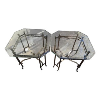 Vintage Pair of Hollywood Regency Style Wrought Iron Side End Tables With Heavy Octagonal Glass Tops For Sale