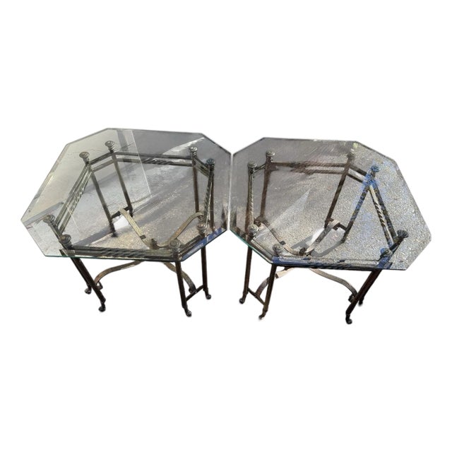 Vintage Pair of Hollywood Regency Style Wrought Iron Side End Tables With Heavy Octagonal Glass Tops For Sale