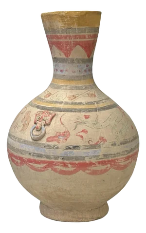Earthy Beige Pottery Bulb Shape Faded Floral Geometric Pattern Art Vase