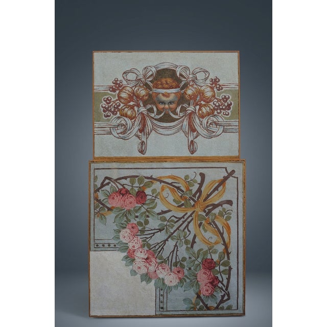 Frescoes, original canvas fragments, with floral elements and a central figure, removed from an early 20th-century...