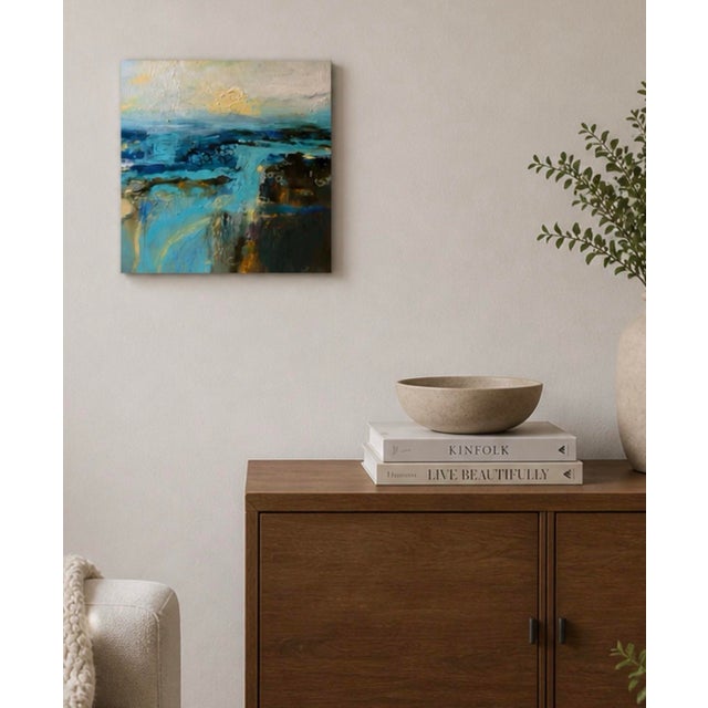 Sea Change is an abstract seascape painting in blues greens gold and creams. Sea Change is a small abstract seascape that...