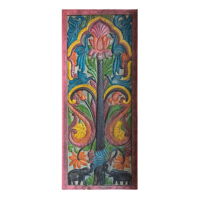 Hand-Painted Lotus Tree of Life Carved Wood Panel – Vintage Indian Barn Door Wall Art 84x36 For Sale