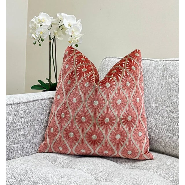 Spiced Coral 22x22 Velvet Throw Pillow With Feather Down Insert For Sale In New York - Image 6 of 6