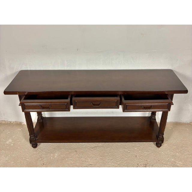 Large Spanish Walnut Rustic Console With Three Drawers and Lower Shelf, 1930s For Sale - Image 4 of 15