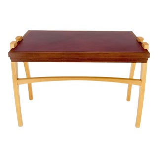 Low Profile One Drawer Mid-Century Modern Burgundy Leather Top Blonde Desk For Sale