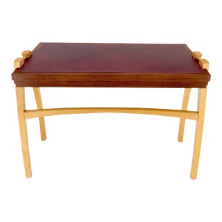 Low Profile One Drawer Mid-Century Modern Burgundy Leather Top Blonde Desk For Sale