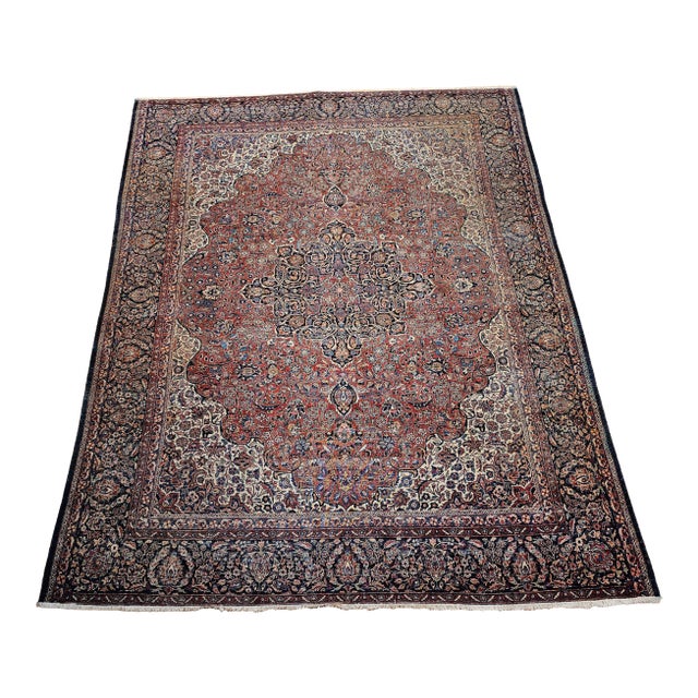 Early 20th Century Persian Kashan Rug, Handwoven Floral Pattern, Rust & Ivory, 8’ X 10’ For Sale