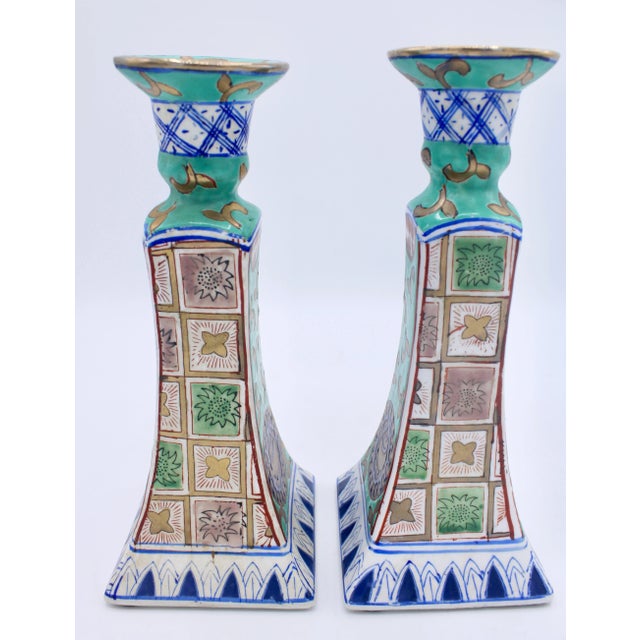 Chinoiserie 1960s Vintage Chinoiserie Ceramic Turquoise Candlesticks by Nora Fenton For Sale - Image 3 of 10