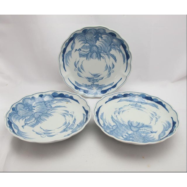 Japanese Blue & White Sansu Sometsuke Mountain Landscape Village Plate Set of 3 For Sale In Portland, OR - Image 6 of 11
