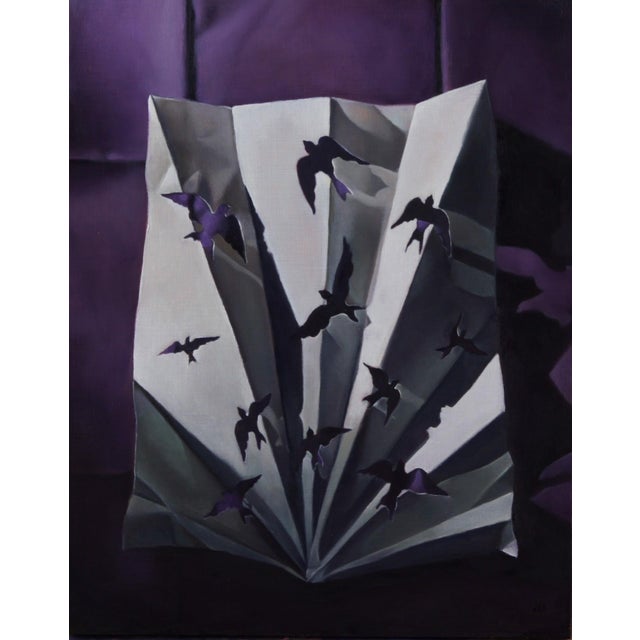Flight by Amy Ordoveza | Oil on Wood Painting of birds emerging from a folded paper background For Sale
