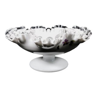 White Footed Glass Compote With Hand Painted Violets For Sale