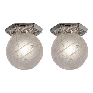 Muller Freres Pair of French Art Deco Globe Flush Mounts - 1930s For Sale