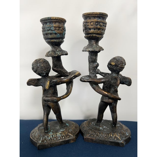 Bronze Pair Vintage Maitland-Smith Cast Bronze Cherub Candlestick Holders For Sale - Image 8 of 8