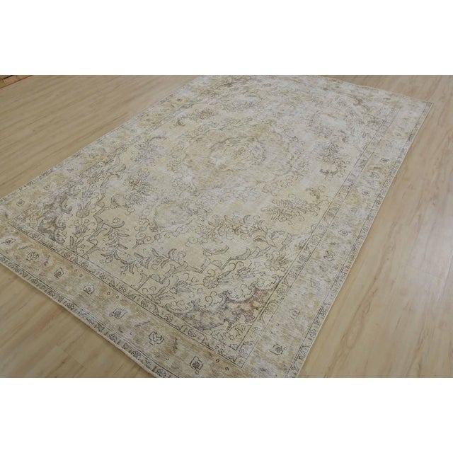 Farmhouse Tabriz Rug 6’6” X 9’9” Beige Wool Vintage Distressed Hand-Knotted Carpet For Sale - Image 3 of 15