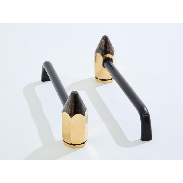 Brass Brass Pencil Andirons Wrought Iron 1960s For Sale - Image 8 of 9