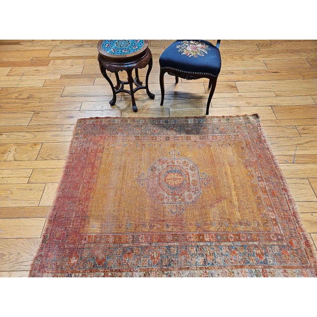 Turkish 19th Century Antique Turkish Oushak Area Rug, 1880s, Pale Yellow & Blue, 5' x 5' For Sale - Image 3 of 14