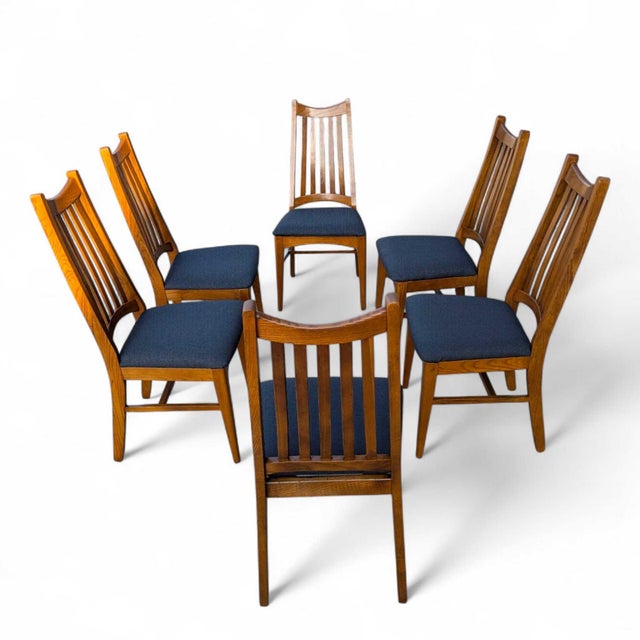Set of Six Restored Mid-Century Oak Slat-Back Dining Chairs, Walnut For Sale - Image 4 of 18