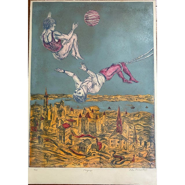 Figurative Vintage Original Colored Etching of Two Men on Trapeze For Sale - Image 3 of 8