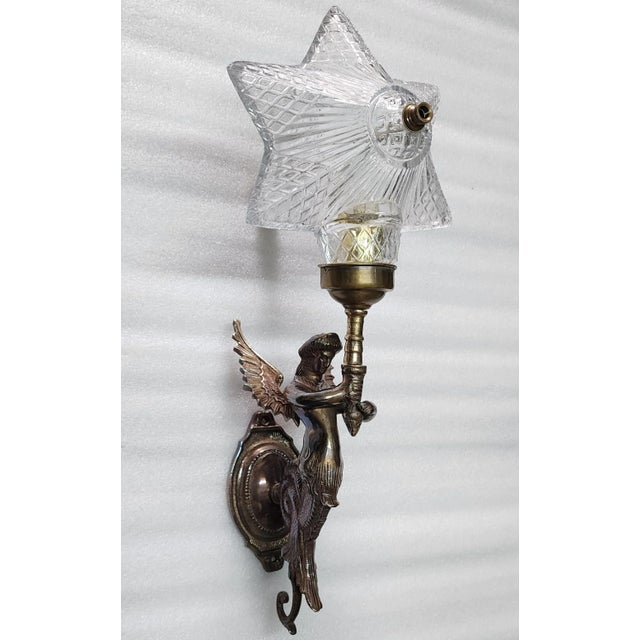 Art Nouveau Pair Vintage Art Nouveau Deco Mermaid Wall Sconces in Brass & Star Glass Light For Sale - Image 3 of 7