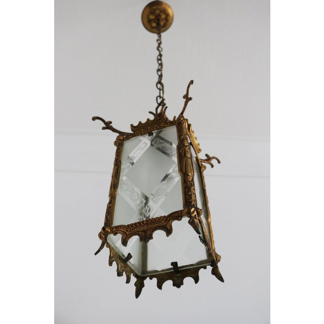 Antique Japanese Style Brass and Etched Glass Hanging Lantern, Early 20th Century For Sale - Image 9 of 18