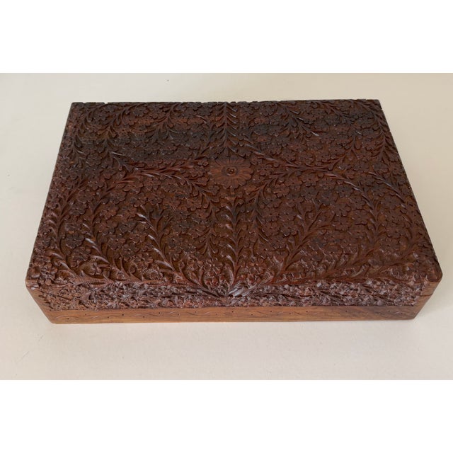 Antique Anglo-Indian Kashmir Hand-Carved Wood Jewelry Box Velvet Lined 1920s For Sale - Image 14 of 18