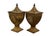Pair of late 20th century painted tole ware metal lidded chestnut trophy mantel urns. Squared off trophy urn shape with...