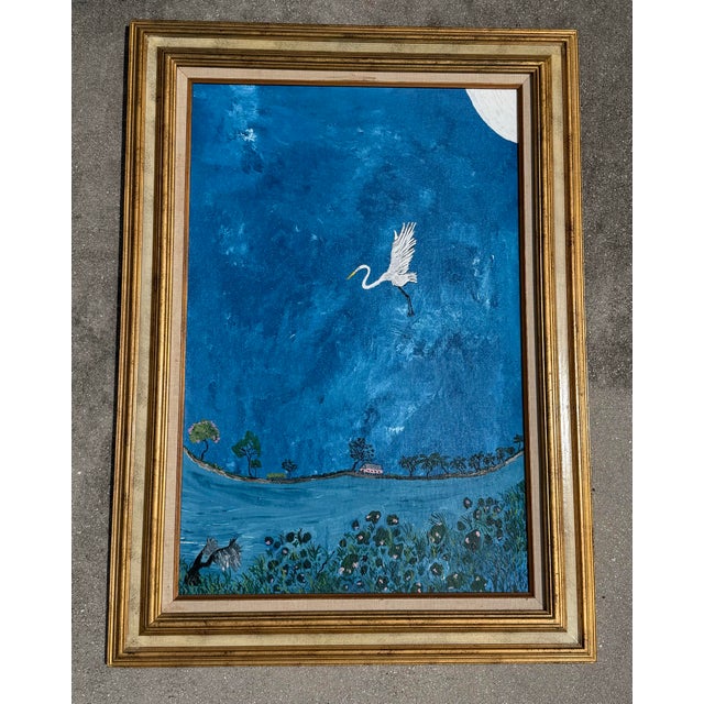 Folk Art Vintage Large Folk Art Tropical Landscape Painting With Egret in Gilt Wood Frame For Sale - Image 3 of 15