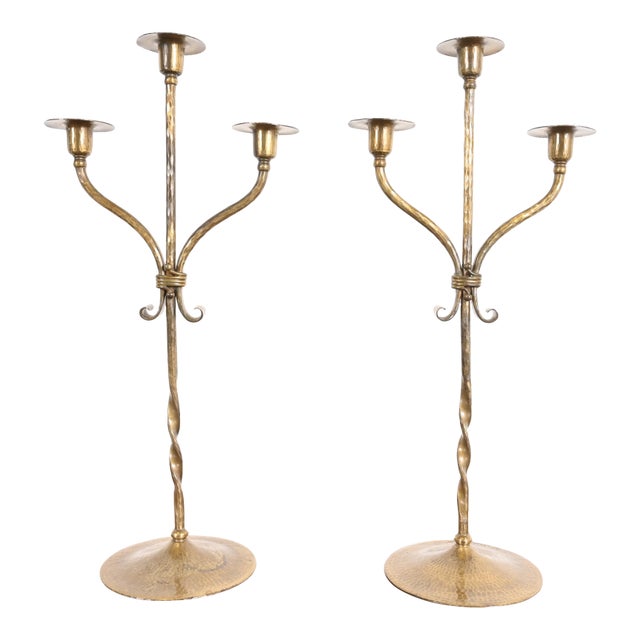 Roycroft Arts & Crafts Brass Finished Hammered Copper Candelabras, Pair For Sale