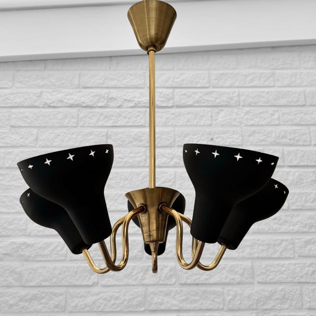 Mid-Century Modern Scandinavian Modernist Five Arms Chandelier in Steel and Brass, Sweden, 1950s For Sale - Image 3 of 13