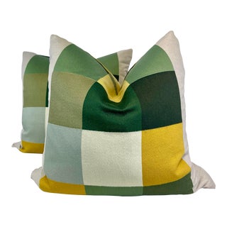 Schumacher "Embroidered Tile" in Green 22" Pillows-A Pair For Sale