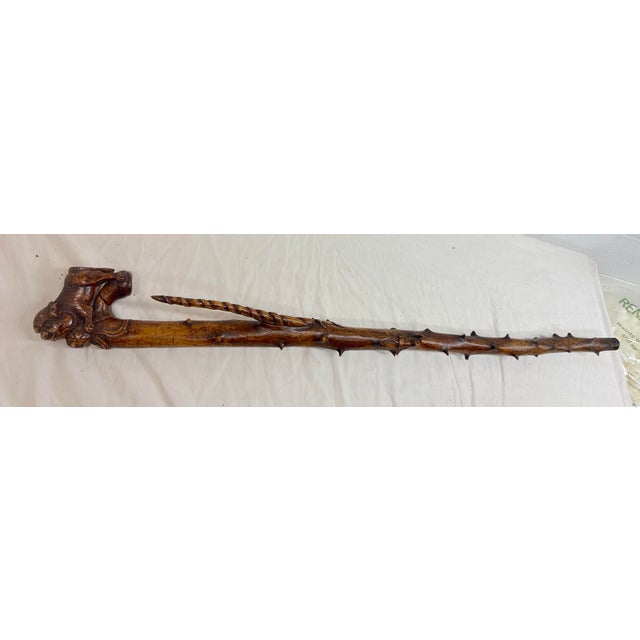 Large Antique 1800's Chinese Foo Dog Carved Wood Folk Art Walking Stick Cane For Sale - Image 14 of 18