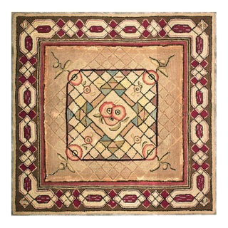 1930s Tan Camel Medallion Antique American Hooked Rug 4'2" X 4'2" Handknotted Wool Carpet For Sale