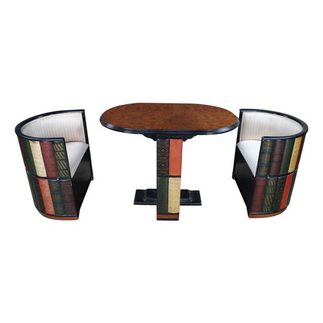 Late 20th Century Design Toscano Nettlestone Library Ensemble Faux Book Nesting Game Table Chairs For Sale