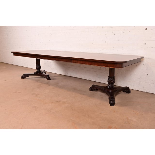 1980s Baker Furniture Regency Banded Mahogany Double Pedestal Extension Dining Table, Newly Refinished For Sale - Image 5 of 17