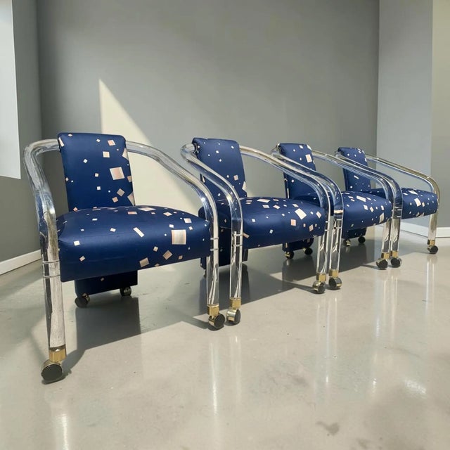 Mid-Century Modern Upholstered Charles Hollis Jones Style Lucite Dining Chairs - Set of 4 For Sale - Image 3 of 13